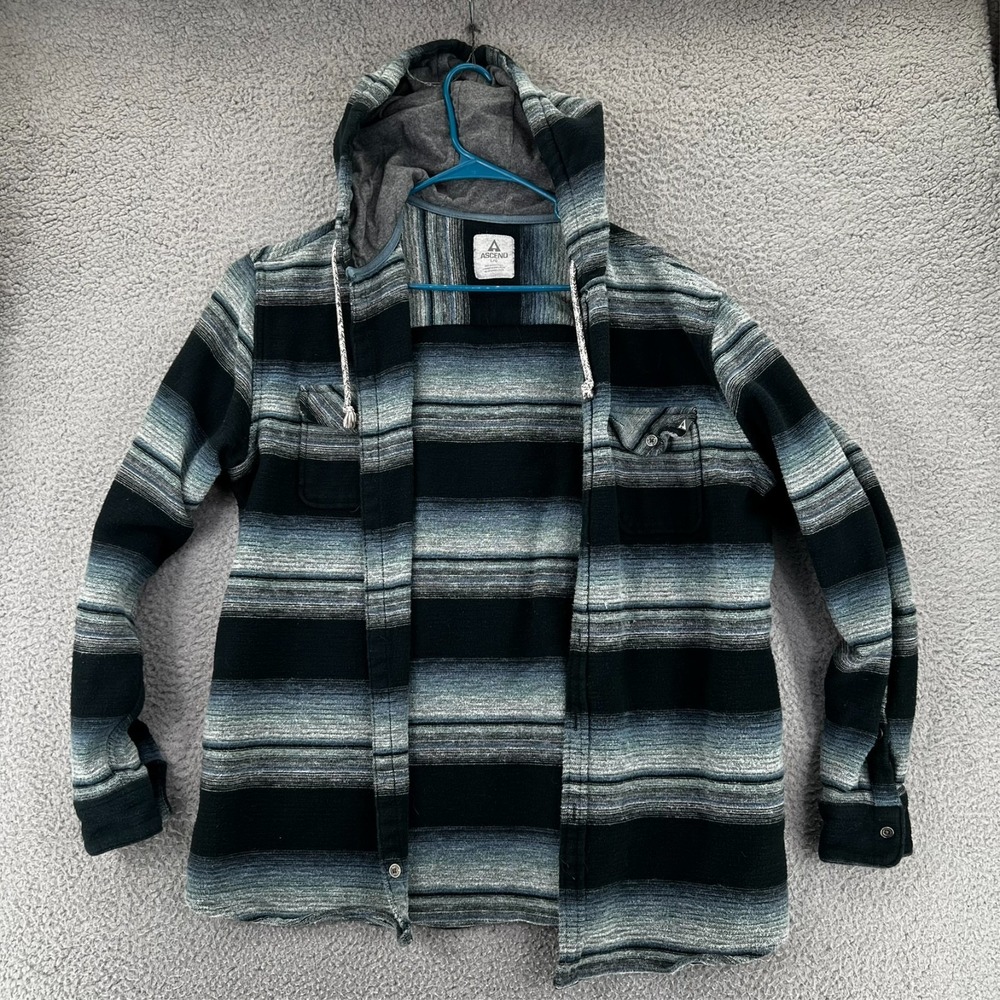 Ascend Shirt Mens L Green Blue Plaid Hooded Flannel Button Down Outdoor‎ Pocket